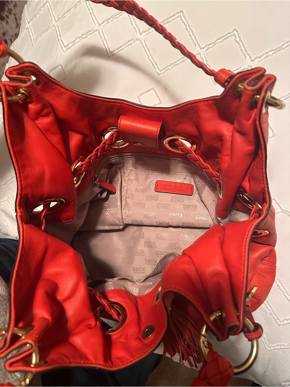 Michael Kors Coral-Red Braided Tassel Hobo Bag - Picture 4 of 4